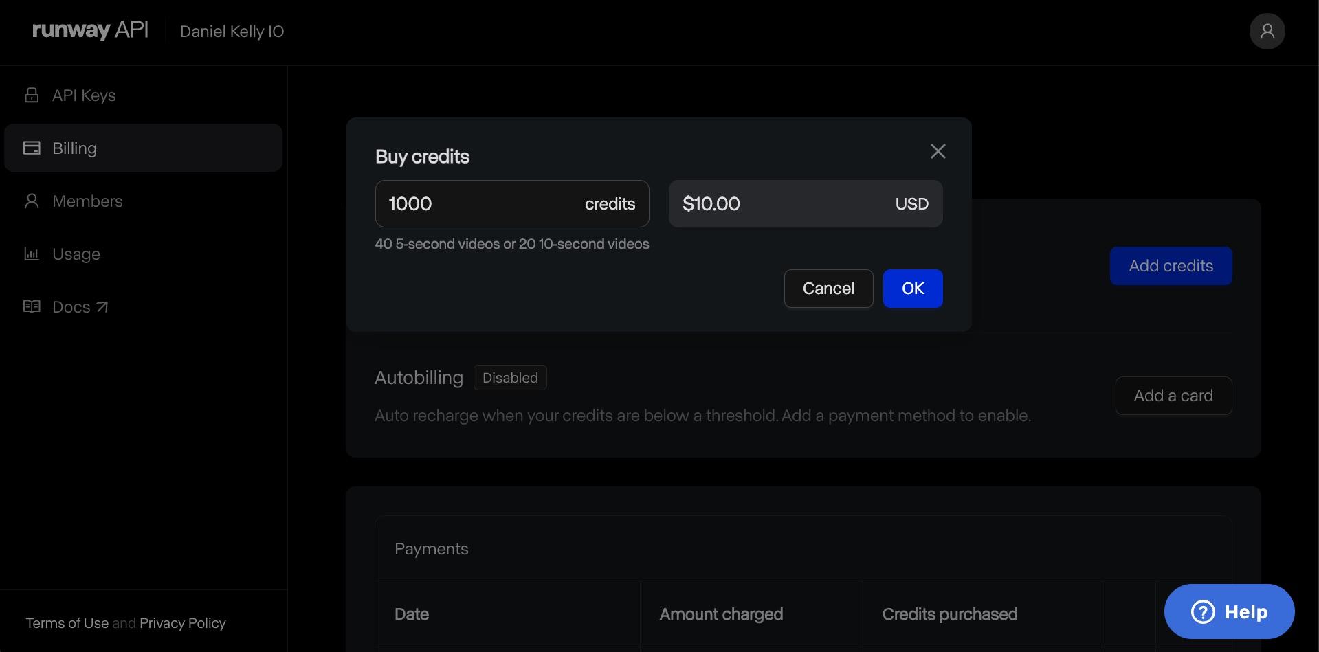 credits screen in the Runway developer portal