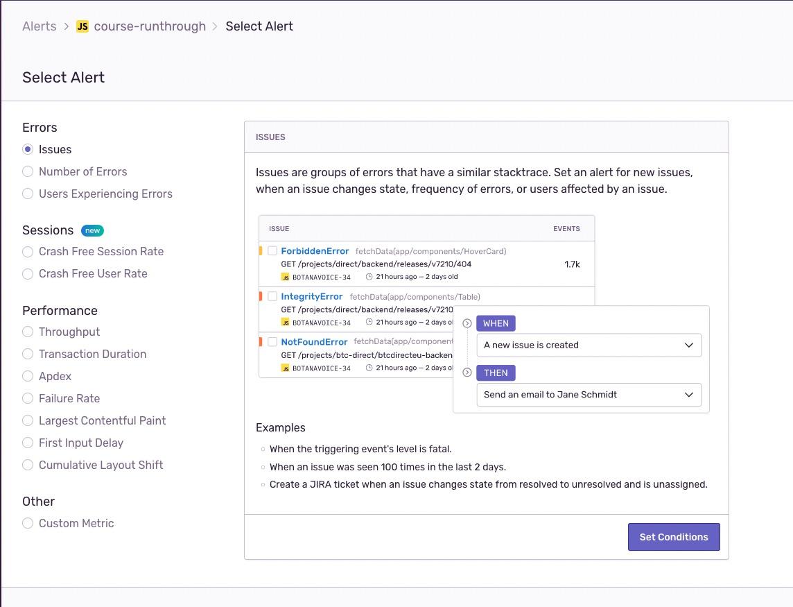 screenshot of alert setup in Sentry