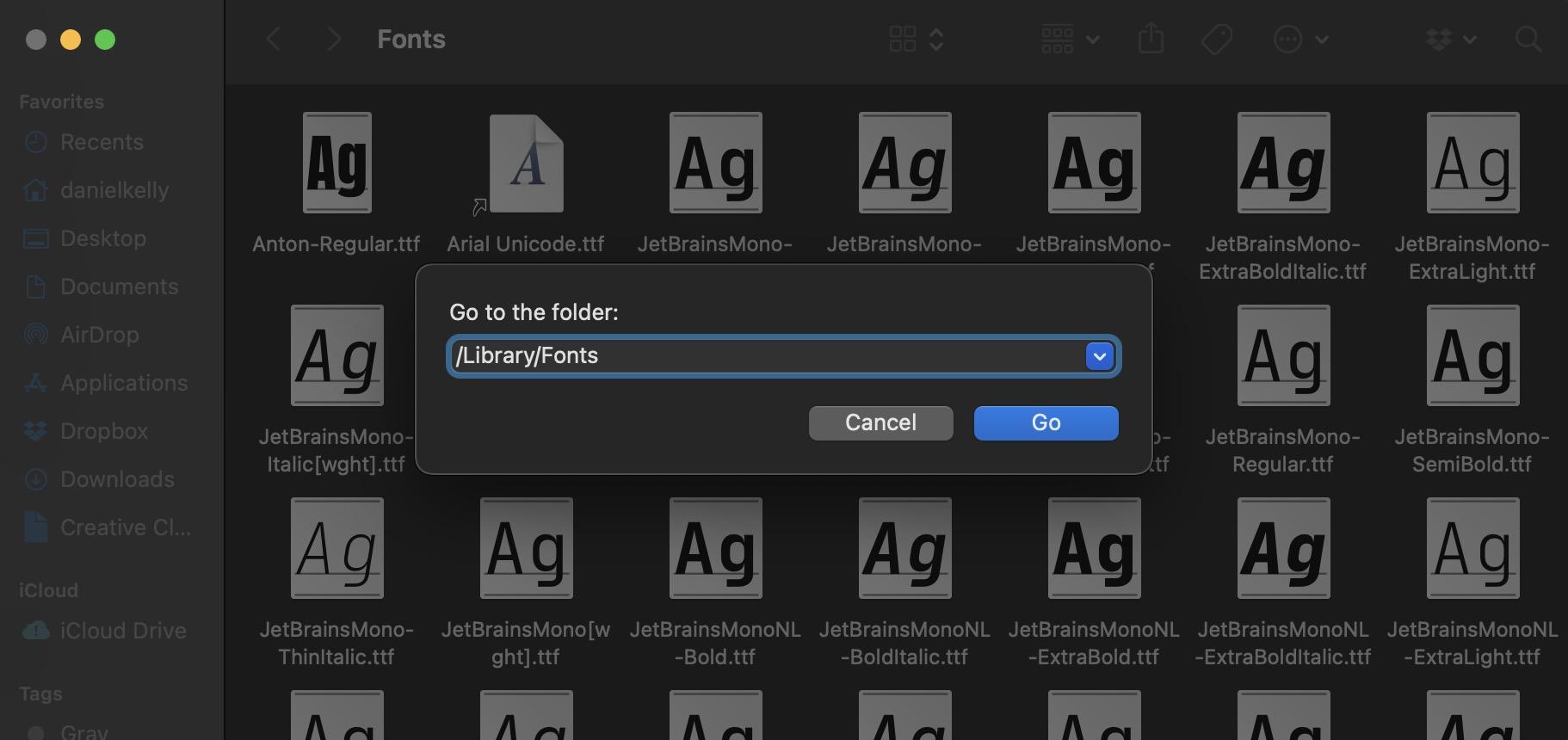 screenshot of goto fonts directory in Finder