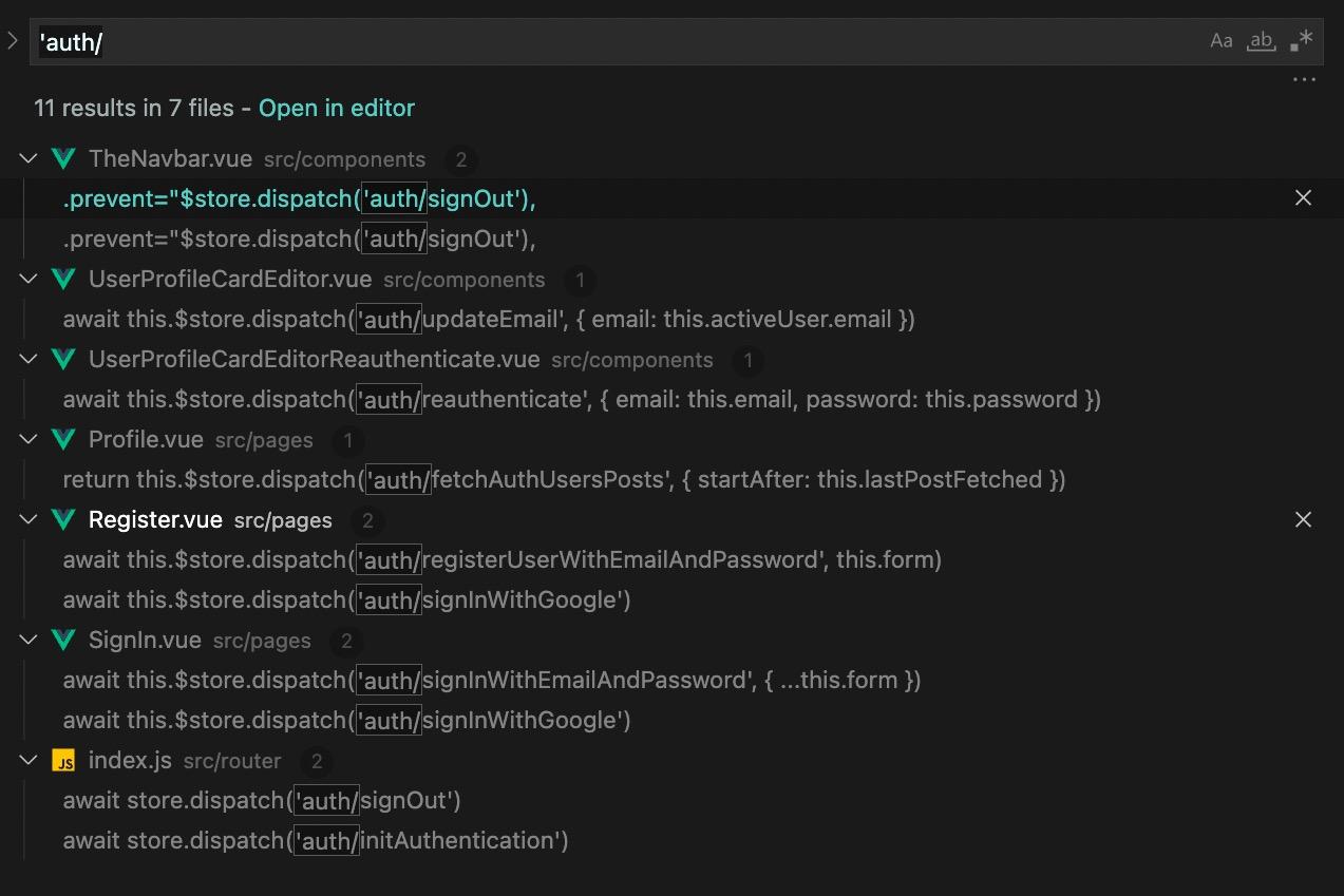 screenshot of search results for quote auth slash in VS code
