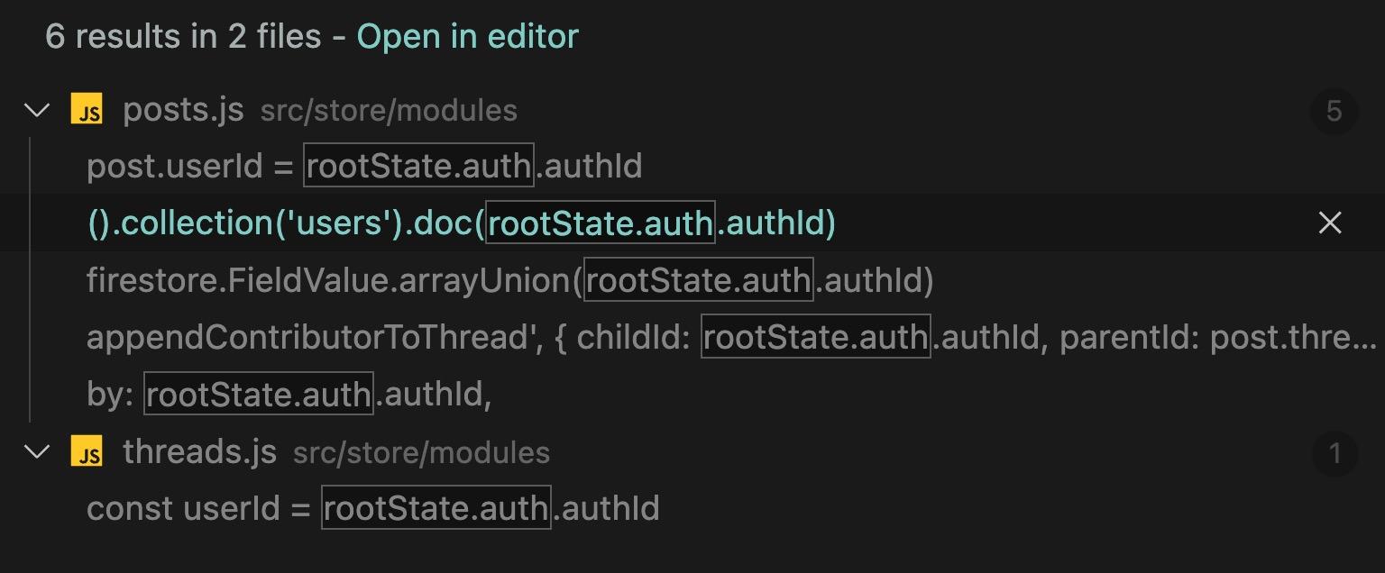 search results for rootState.auth in VS code