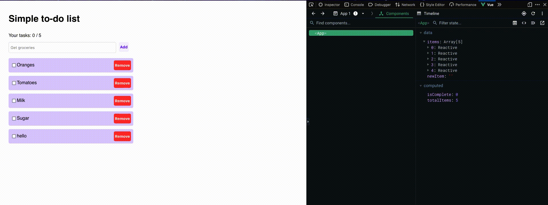 Component state changes in Vue Devtools