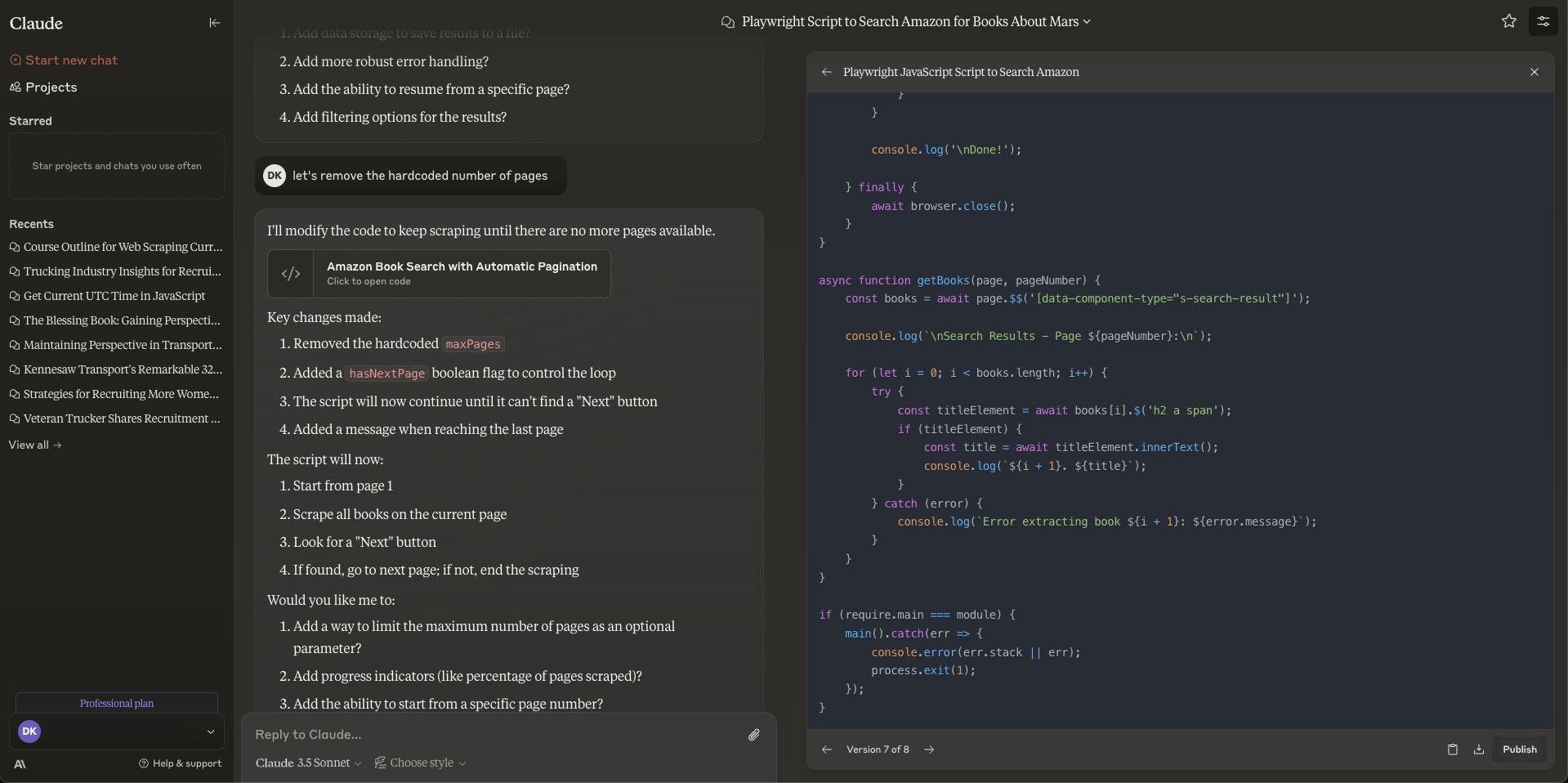 Screenshot of Claude AI chat used to help write an web scraper of Amazon.com