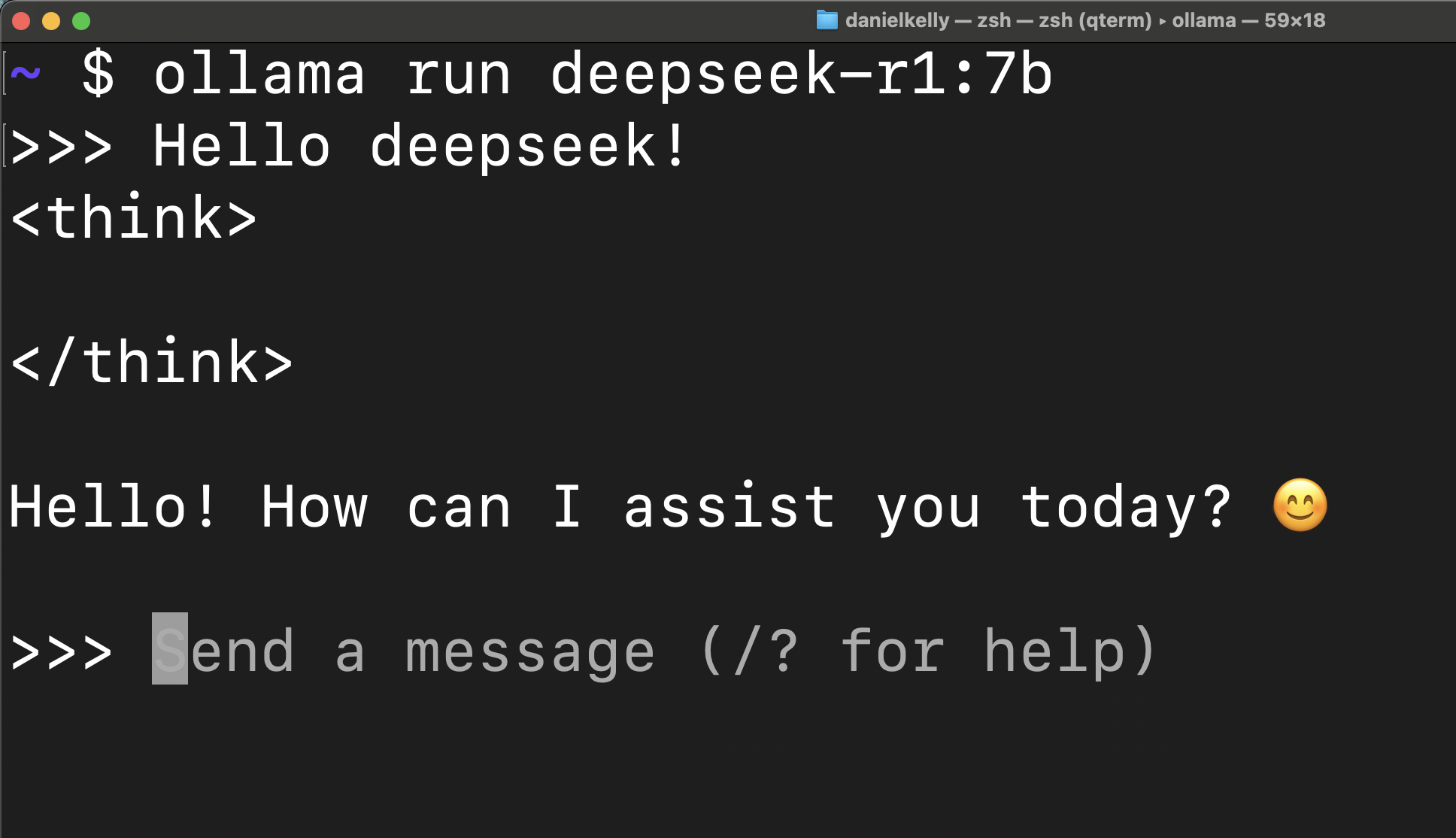 screenshot of deepseek running in a mac terminal via the ollama run command